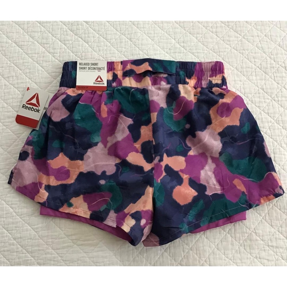 Reebok‎ Womens Relaxed Short 2-in-1 Athletic Running Shorts Purple Abstract XS